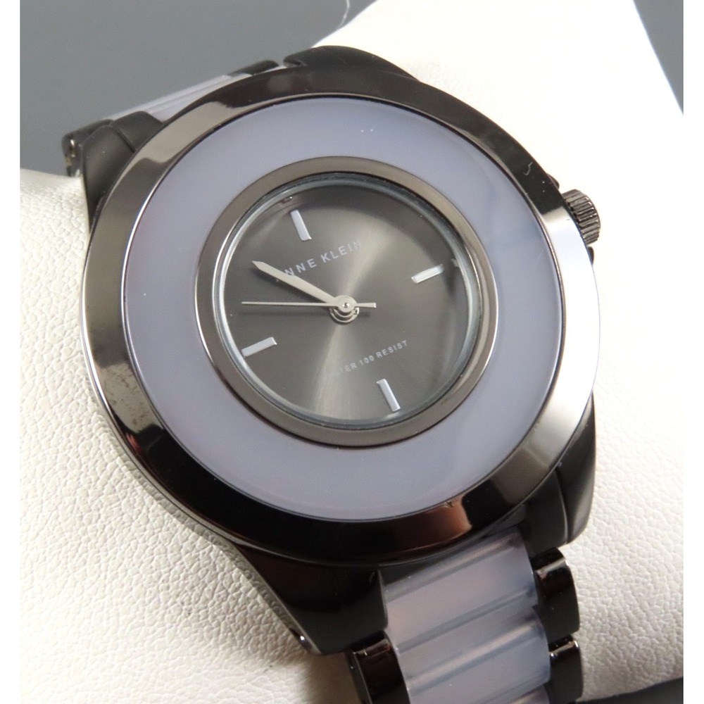 AK ANNE KLEIN WATCH Dark Silver Gunmetal PALE GRAY LUCITE Unique Style CLASSIC